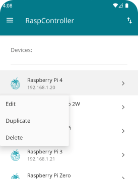 RaspController - Edit, duplicate, delete device