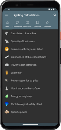 Lighting Calculations - List of features