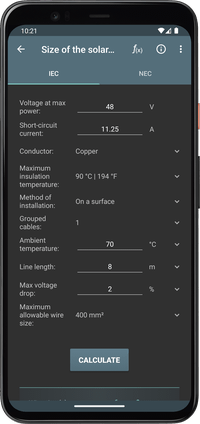 Photovoltaic Calculations - Wire size