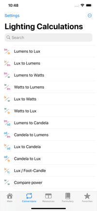 Lighting Calculations - List of features
