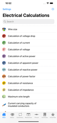 Electrical Calculations - List of features